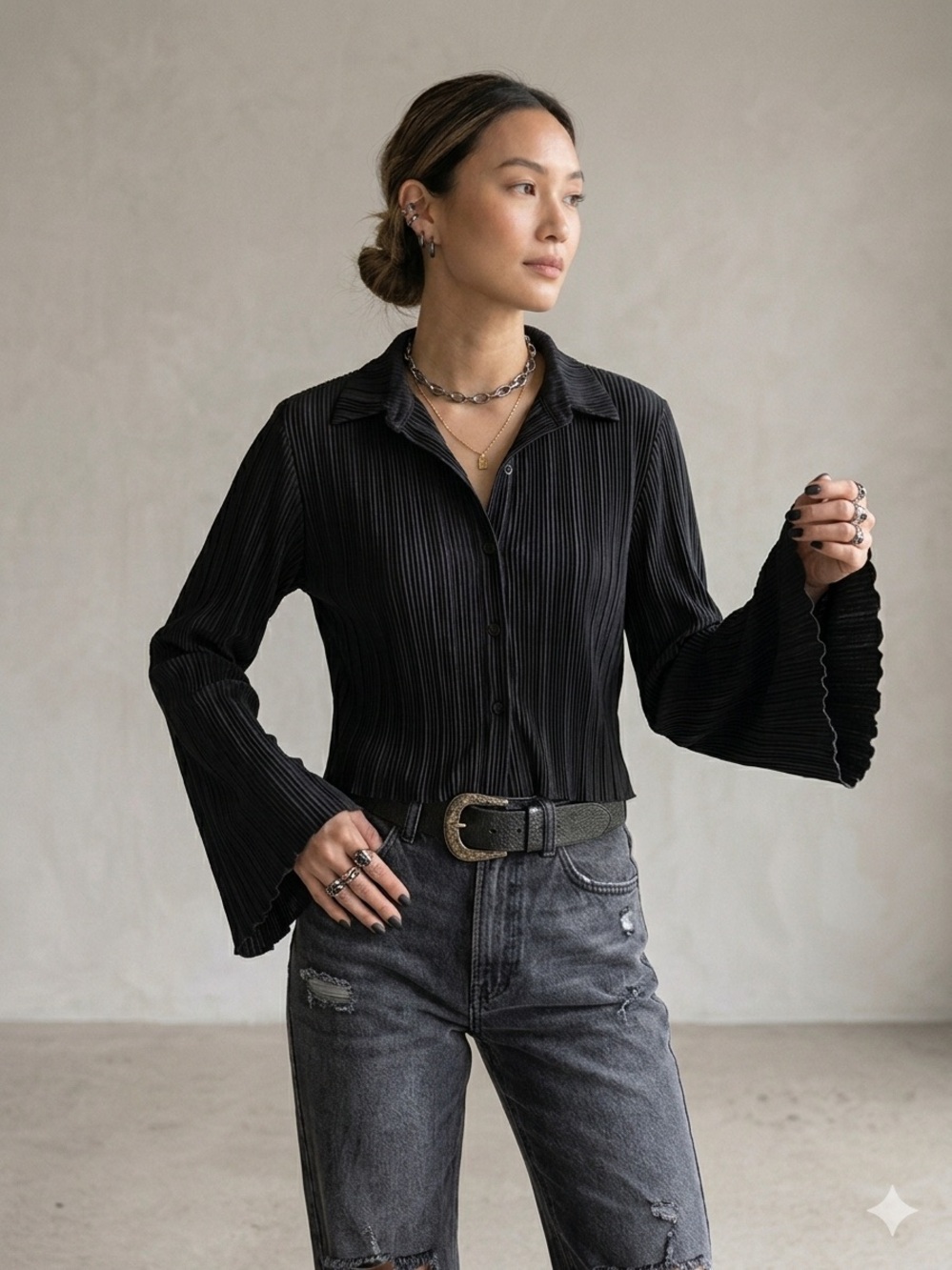 Liberty Love Cropped Black Pleated Bell-Sleeve Button-Down Shirt